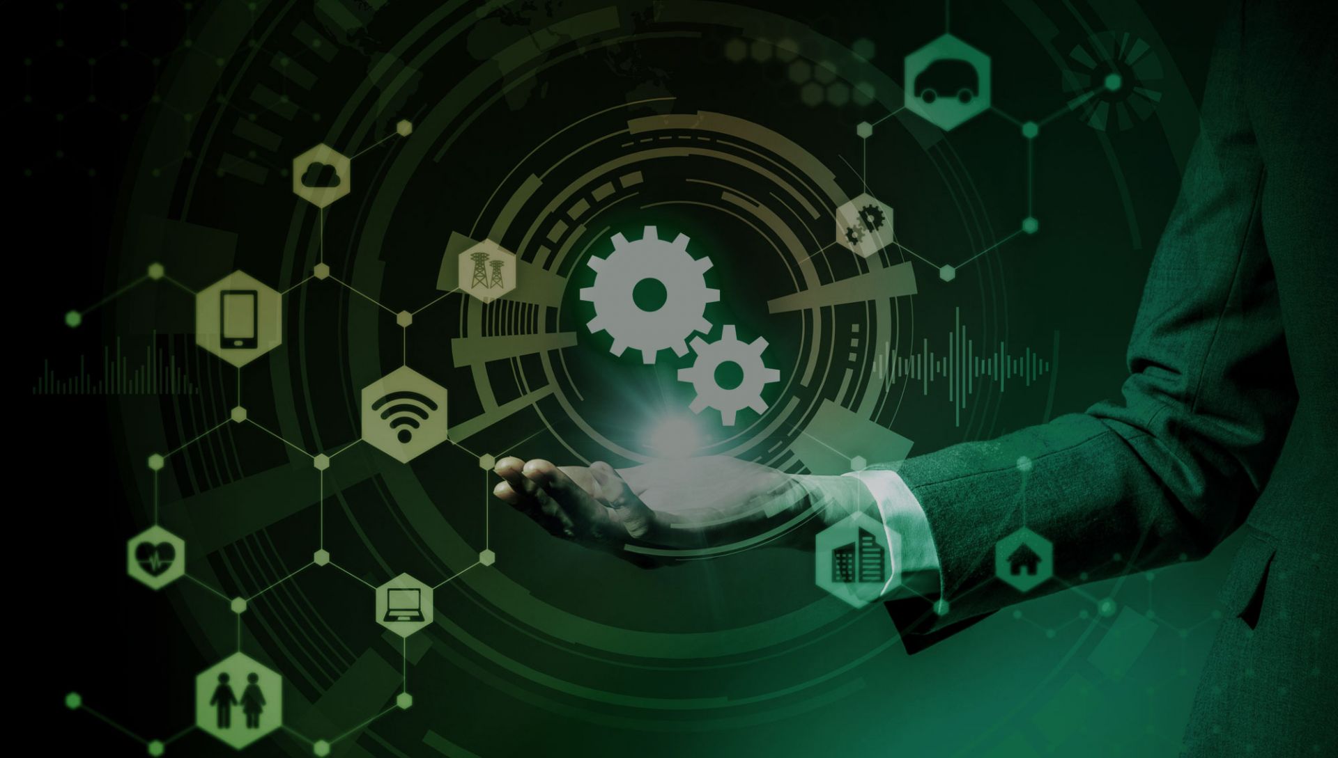 IoT systems design image of application icons around a central gear